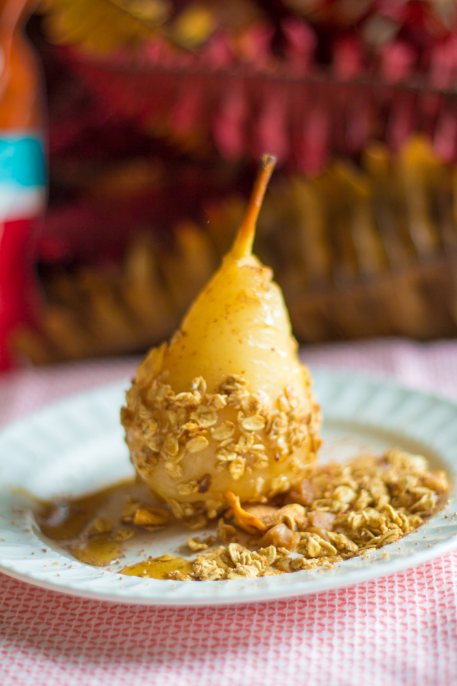 Looking for a healthy yet savory dessert or maybe a decadent breakfast? This Poached Pear with Sea Salt Caramel and Apple Granola is just what you need. |BeingMelody.com| @BeingMelody