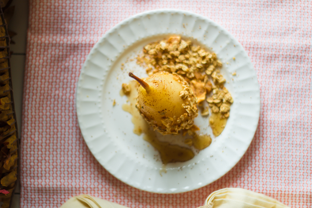 Looking for a healthy yet savory dessert or maybe a decadent breakfast? This Poached Pear with Sea Salt Caramel and Apple Granola is just what you need. |BeingMelody.com| @BeingMelody