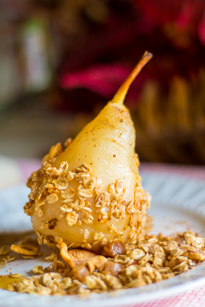 Poached Pear with Sea Salt Caramel Apple Granola