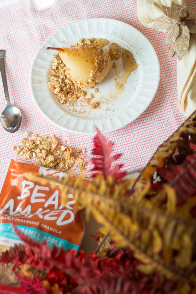 Looking for a healthy yet savory dessert or maybe a decadent breakfast? This Poached Pear with Sea Salt Caramel and Apple Granola is just what you need. |BeingMelody.com| @BeingMelody