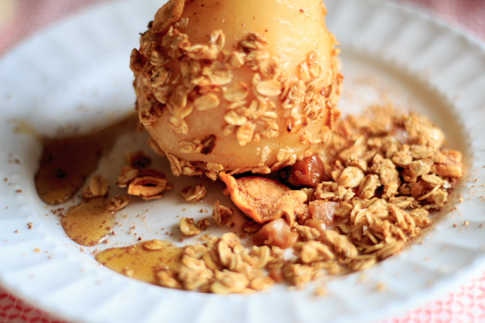 Looking for a healthy yet savory dessert or maybe a decadent breakfast? This Poached Pear with Sea Salt Caramel and Apple Granola is just what you need. |BeingMelody.com| @BeingMelody