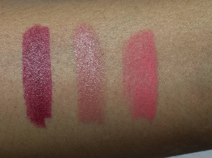Sleek MakeUp True Color Lipstick. Swatches of Cherry, Succomb, and Papaya Punch. 