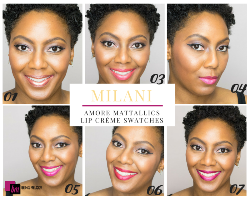 Check out swatches of the new Milani Cosmetics Amore Mattallics Lip Crémes on Medium Brown Skin. www.beingmelody.com