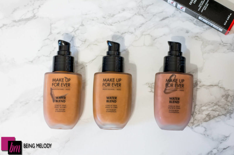 Make Up For Ever Water Blend Foundation in shades Y455 Y445 and R430. www.beingmelody.com
