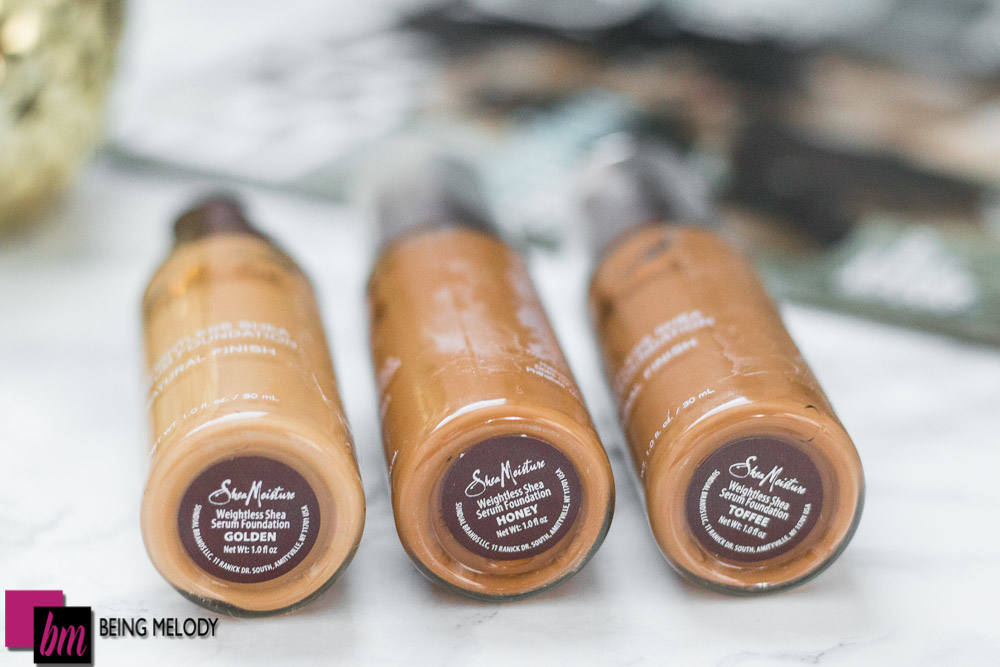 Shea Moisture Weightless Serum Shea Foundation Swatches in Honey, Toffee, and Golden www.beingmelody.com