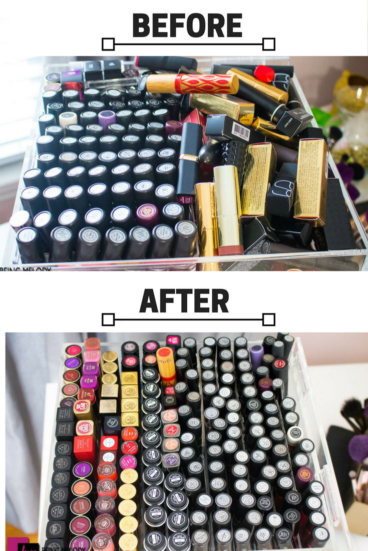 How to Organize Your Lipstick Collection in an Acrylic Makeup Orgranizer www.beingmelody.com