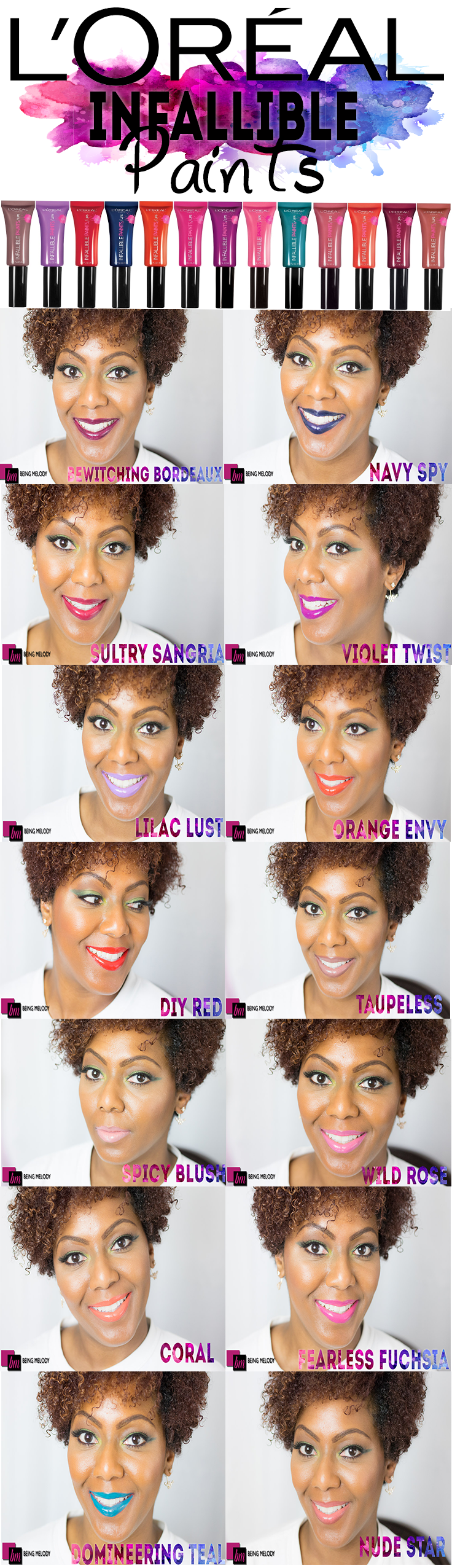 Loreal Infalilble Lip Paints Swatched on Medium Brown Skin. Several shades are perfect for Women of Color.
