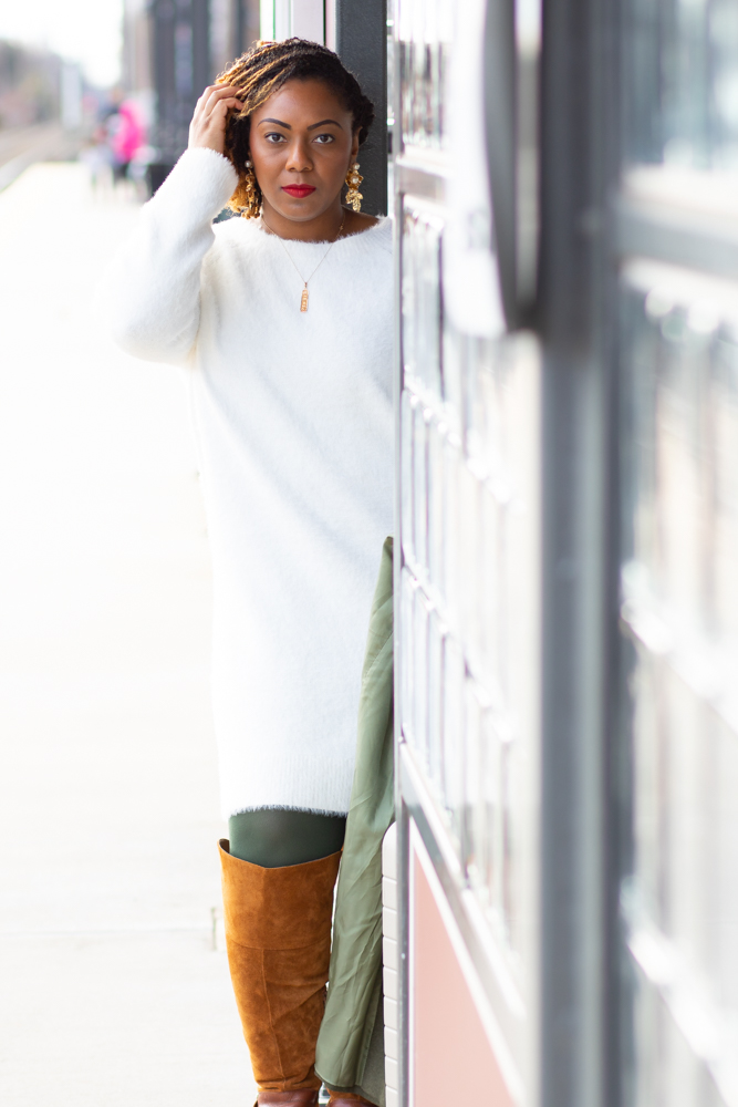 Being Melody wearing the LOFT Lashout Sweater dress and tan knee boots