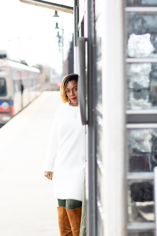 Being Melody wearing the LOFT Lashout Sweater dress and tan knee boots