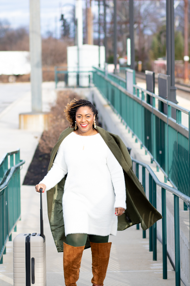 Being Melody wearing the LOFT Lashout Sweater dress and tan knee boots